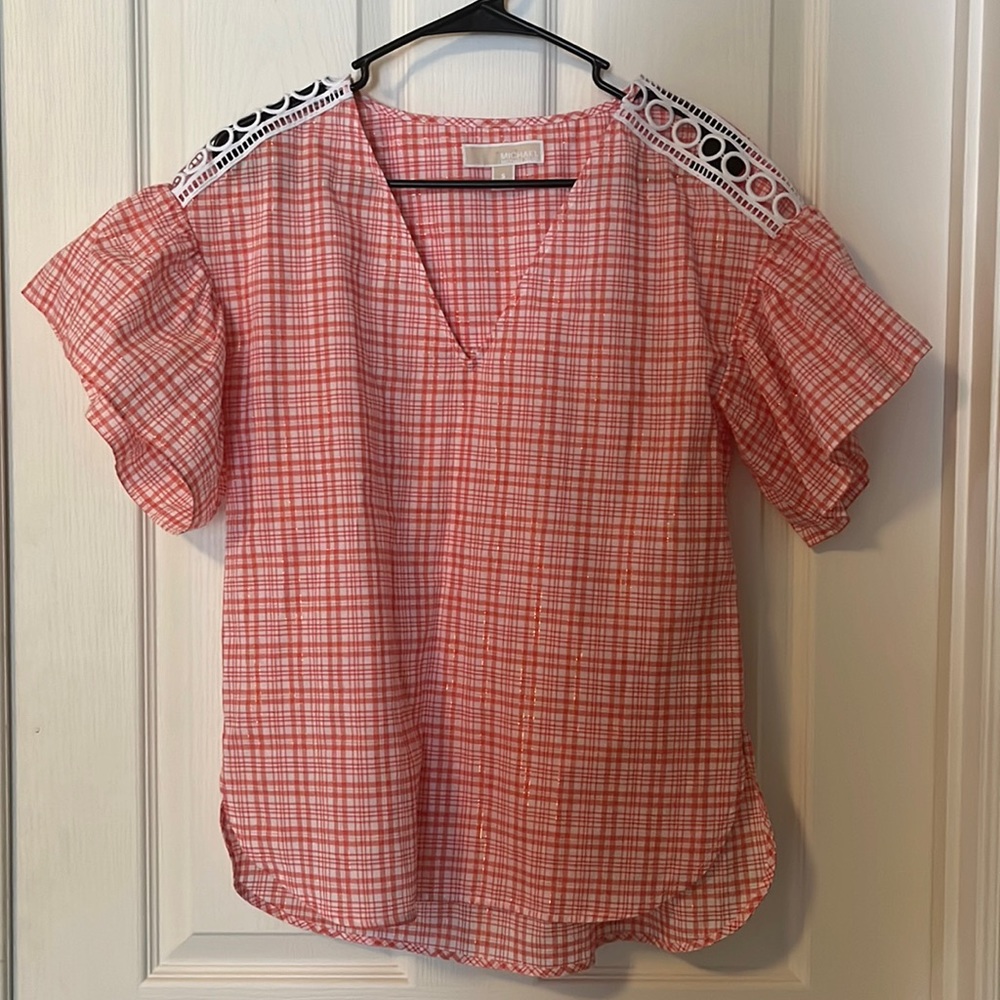 Michael by Michael Kors pink and white blouse with gold thread detail size small